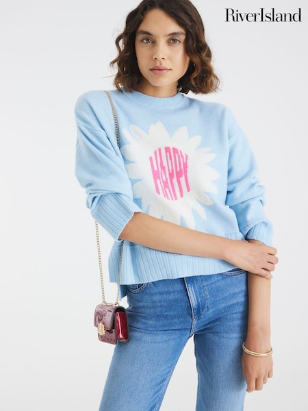 River Island Blue Happy Flower Crew Neck Jumper (H92187) | 193 QAR