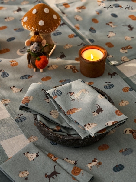 Sophie Allport Set of 4 Soft Teal Paws & Pumpkins Napkins (H92382) | €30