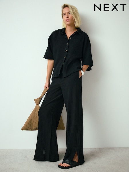 Black - Textured Wide Leg Trousers With Linen