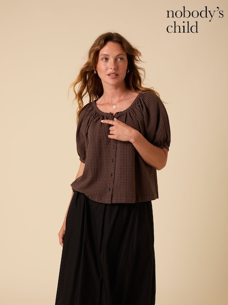 Nobodys Child Gingham Shania Puff Sleeve Button Front Top (H92563) | R$ 485