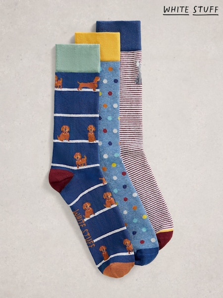 White Stuff Blue 3PK Dog Pals Ankle Socks (H92881) | R$ 150