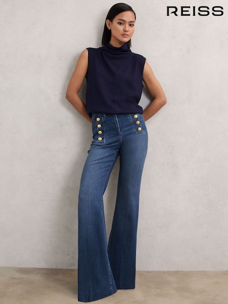 Reiss Mid Blue Athena Petite Button-Detail High-Rise Flared Jeans (H93035) | R$ 1.680