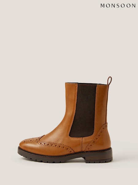Monsoon Brown Eli Brogue Leather Chelsea Boots (H93123) | €105