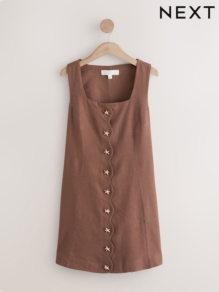 Chocolate Brown Scallop Edge Square Neck Button Through Mini Shift Dress (H93212) | $77