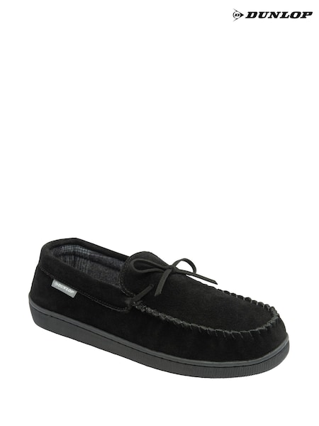 Dunlop Black Suede Lace-Up Moccasin Full Slippers (H93302) | €42