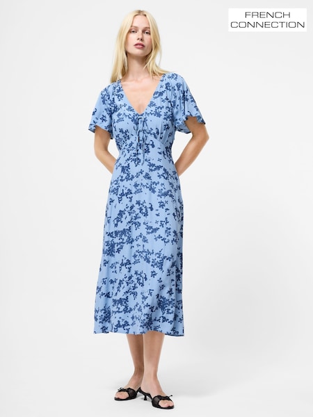 French Connection Blue Isla Lizzie Crepe Short Sleeve V-Neck Dress (H93389) | €144