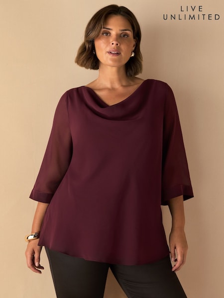 Live Unlimited Red Curve Burgundy Cowl Neck Overlay Top (H93401) | €91