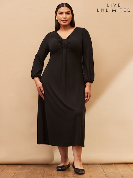 Live Unlimited Black Curve Long Sleeve Pleat Front Midi Dress (H93404) | €78