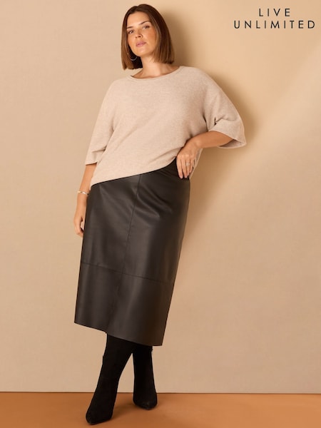 Live Unlimited Black Curve Faux Leather Seam Detail Midi Skirt (H93406) | €105