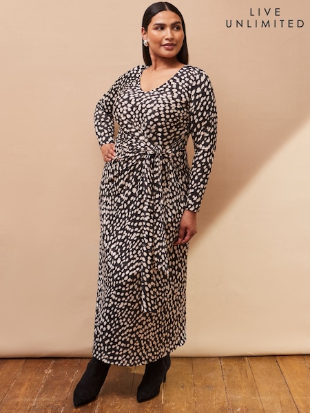 Live Unlimited Black Curve Animal Print Tie Front Jersey Dress (H93417) | €92