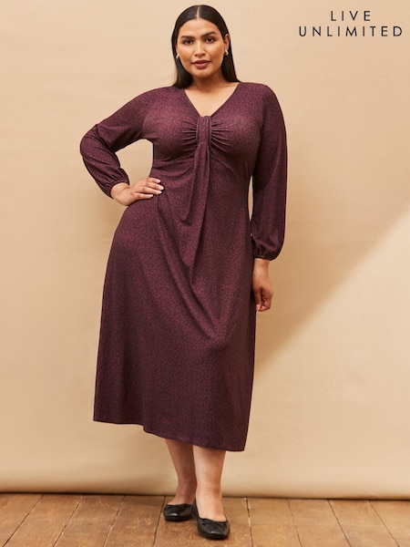 Live Unlimited Purple Curve Print Long Sleeve Pleat Front Midi Dress (H93426) | €86