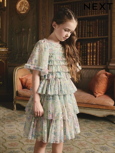 أخضر نعناعي - Floral Sequin Ruffle Mesh Occasion Dress (3-16yrs) (H93567) | ‏229 ر.ق. - ‏260 ر.ق.