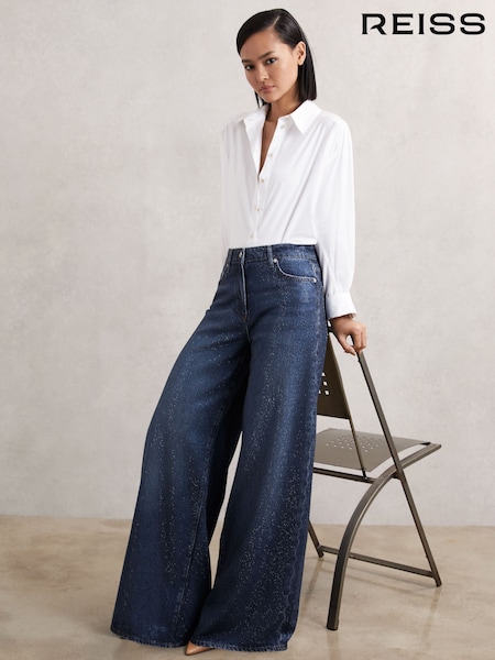 Reiss Dark Blue Mimi Wide-Leg Crystal-Embellished Jeans (H93758) | €381
