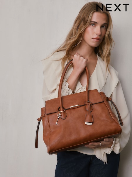 Tan Brown Structured Tote Bag (H93906) | AED176