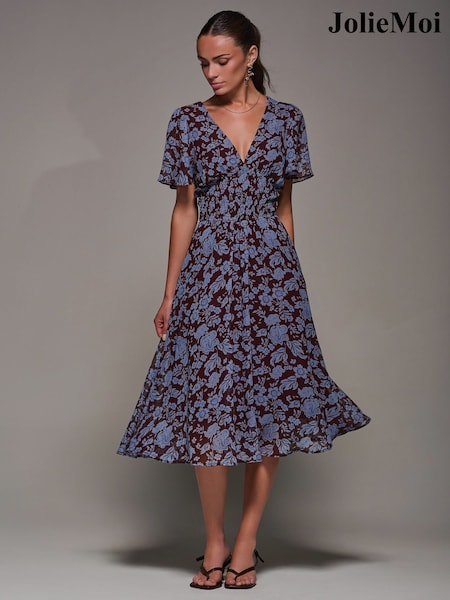 Jolie Moi Blue Chiffon Tie Back Detail Midi Dress (H93907) | €95