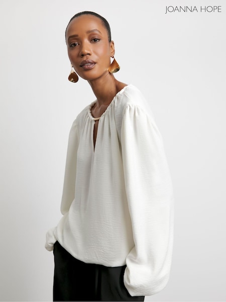 Joanna Hope Puff Sleeve White Blouse With Neck Detail (H94029) | 447 LEI