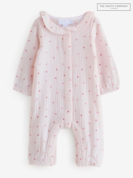 The White Company Pink Crinkle Cotton Ines Floral Frill Collar Sleepsuit (H94064) | €37