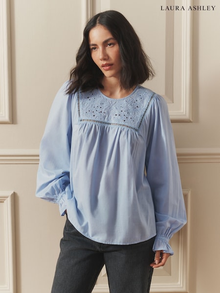 Laura Ashley Blue Cotton Long Sleeve Ladder Embroidered Balloon Sleeve Blouse (H94213) | SGD 62