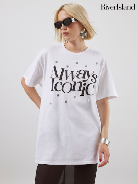 River Island White Always Iconic Studded T-Shirt (H94408) | €37