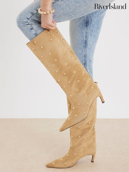 River Island Brown Studded Suedette High Leg Boots (H94449) | €101