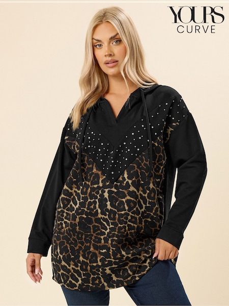 Yours Curve Black Leopard Print Diamante Hoodie (H94588) | R$ 305