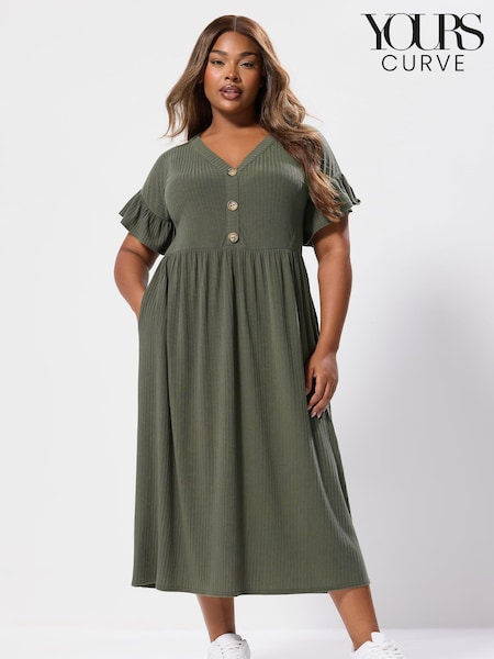 Yours Curve Green Ribbed Frill Button Midaxi Dress (H94590) | €45