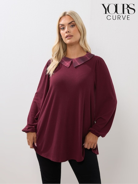 Yours Curve Red Collared Ribbed Balloon Sleeve Top (H94623) | €37