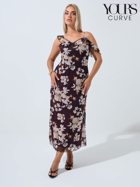 Yours Curve Brown Limited Floral Print Frilled Strap Dress (H94629) | €47