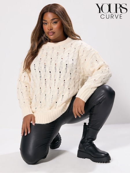 Yours Curve White Cable Knit Crew Neck Jumper (H94634) | €45