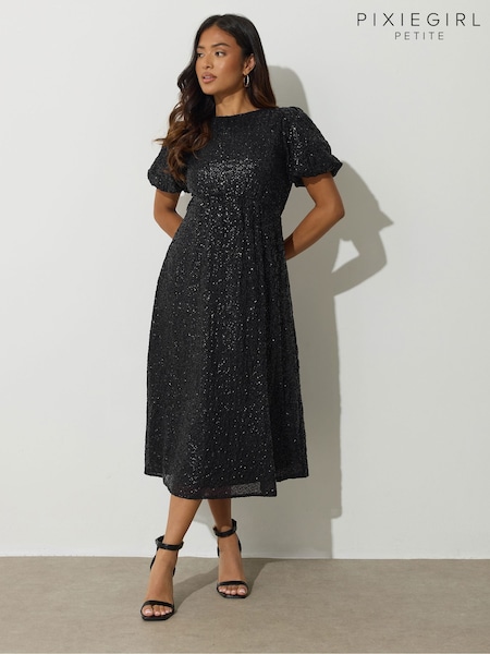 PixieGirl Petite Black Tie Back Sequin Midi Dress (H94697) | €73