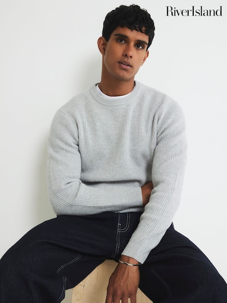 River Island Grey Slim Fit Ribbed Crew Neck Jumper (H95077) | €42