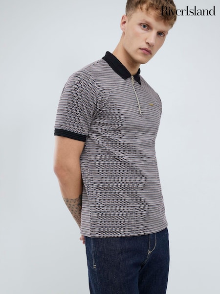 River Island Black Slim Fit Jersey Zip Short Sleeve Polo Shirt (H95089) | R$ 335