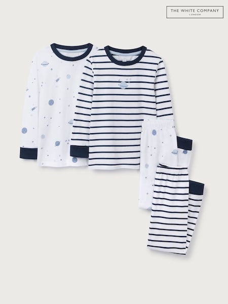 The White Company Blue Cotton Space And Stripe Slim Fit Set Of 2 Sleepsuits (H95103) | AED221