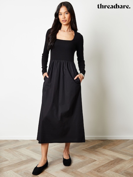 Czarny - Threadbare 2-In-1 Jersey Poplin Mix Square Neck Long Sleeve Dress (H95596) | 225 zł