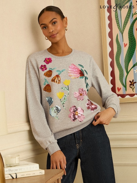 Grey Floral Sequin - Love & Roses Embroidered Sweatshirt (H95803) | ‏162‏₪