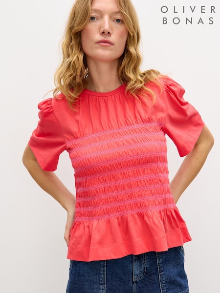Oliver Bonas Red Shirred Bodice T-Shirt (H95857) | 188 QAR
