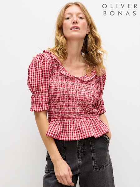 Oliver Bonas Gingham Shirred Puff Sleeve Collared Blouse (H95858) | 85 €