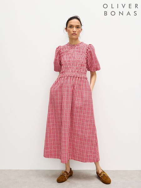 Oliver Bonas Gingham Shirred Bodice Puff Sleeve Midi Dress (H95865) | R$ 840