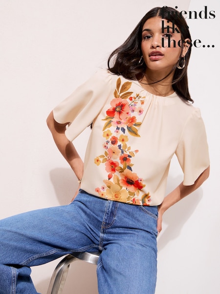 Friends Like These Cream Floral Short Sleeve Tie Back Blouse (H95923) | AED168