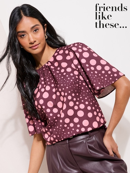 Friends Like These Burgundy Spot Short Sleeve Tie Back Blouse (H95924) | SGD 62