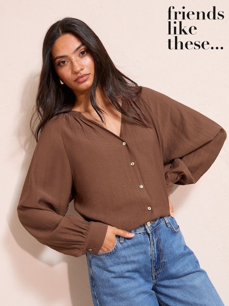 Maro Ciocolată - Friends Like These Collarless Textured Shirt (H95935) | 253 LEI