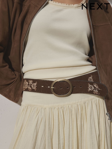 Embroidered Floral Suede Wide Leather Belt (H96118) | $77