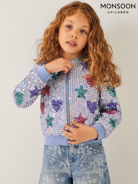 Monsoon Blue Star & Heart Sequin Bomber Jacket (H96566) | OMR23 - OMR25