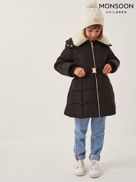 Monsoon Black Fluffy Collar Belted Puffer Coat (H96571) | AED412 - AED483