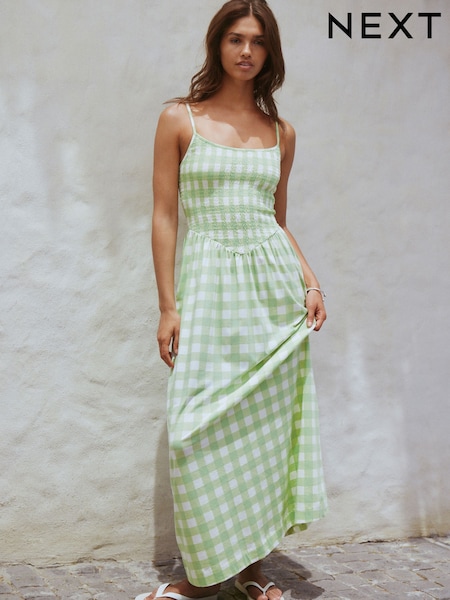 Light Green/Cream Maxi Square Neck Shirred Strappy Dress (H96678) | €41
