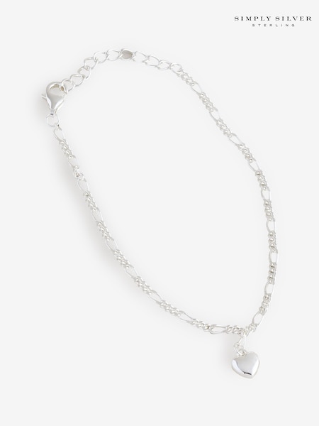 Simply Silver Silver Tone Sterling 925 Polished Fine Figaro Heart Bracelet (H96874) | €33