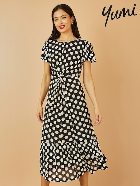 Yumi Black Velvet Spot Print Twist Knot Waist Midi Dress (H97038) | €99