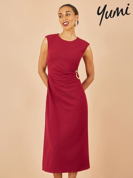 Yumi Red Buckle Detail Ruched Dress (H97040) | AZN 138