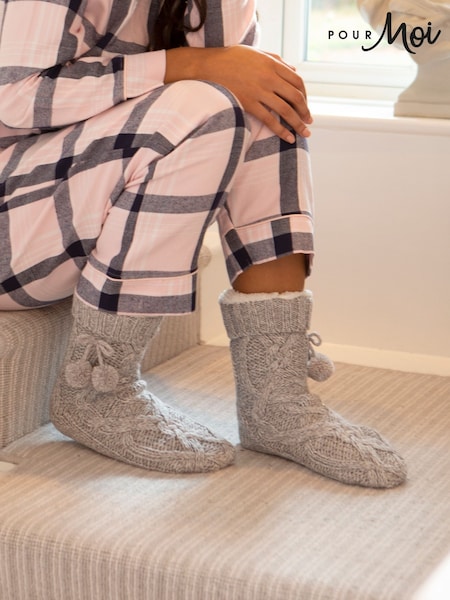 Pour Moi Grey Cosy Cable Knit Lined Slippers Socks (H97145) | €24
