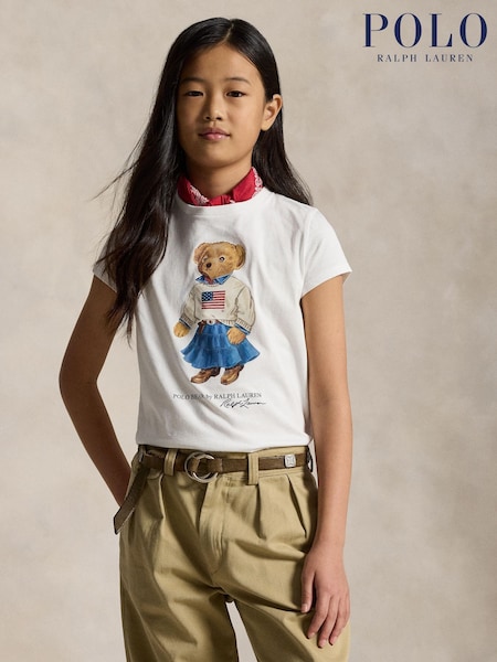 Polo Ralph Lauren White Girls Polo Bear Graphic T-Shirt (H97630) | R$ 495 - R$ 590
